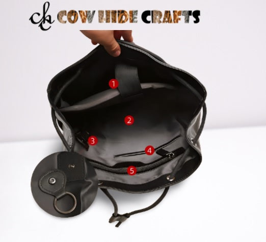 Padded laptop sleeve inside black leather backpack