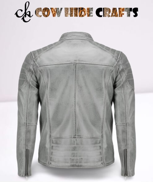 Padded shoulders and round collar on gray leather jacket men