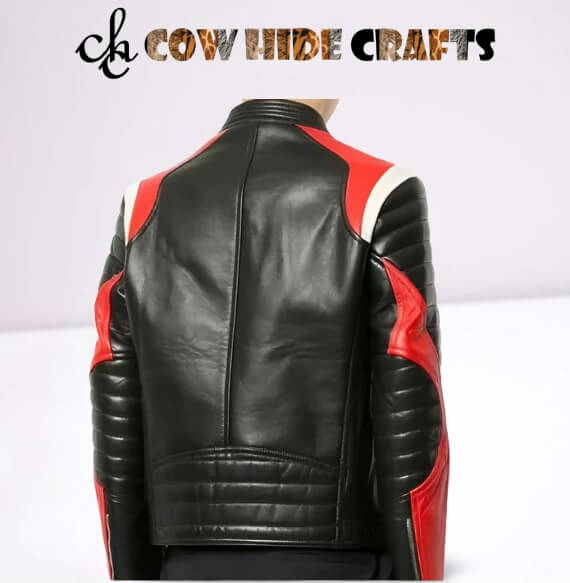 Padded sleeves elbows and back detail on stripe leather jacket