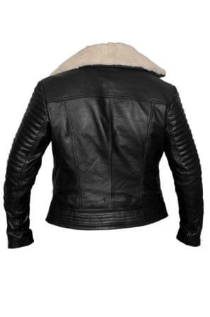 Padded sleeves detail on women's fur collar leather jacket