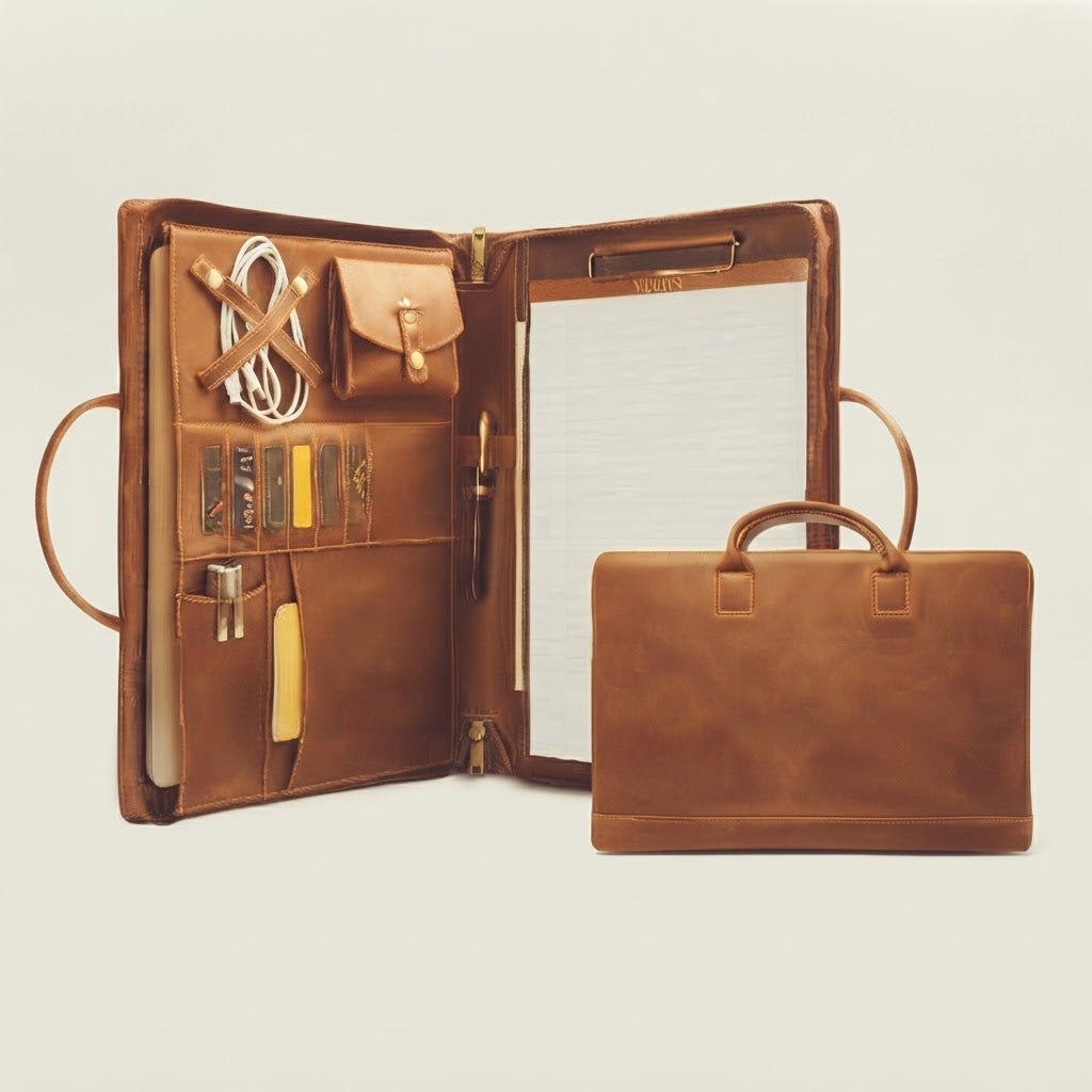 Card slot and pen holder detail inside crazy horse leather padfolio