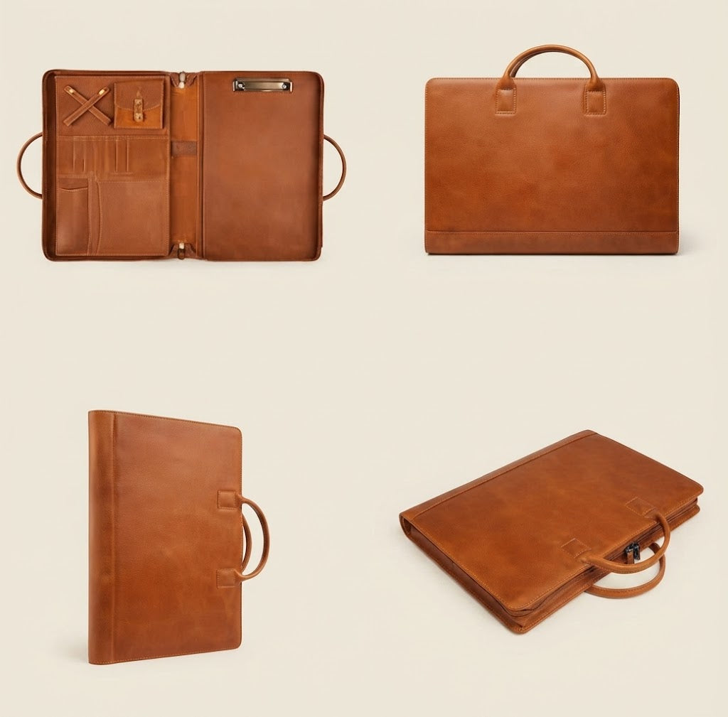 Collapsible handle detail on crazy horse leather padfolio