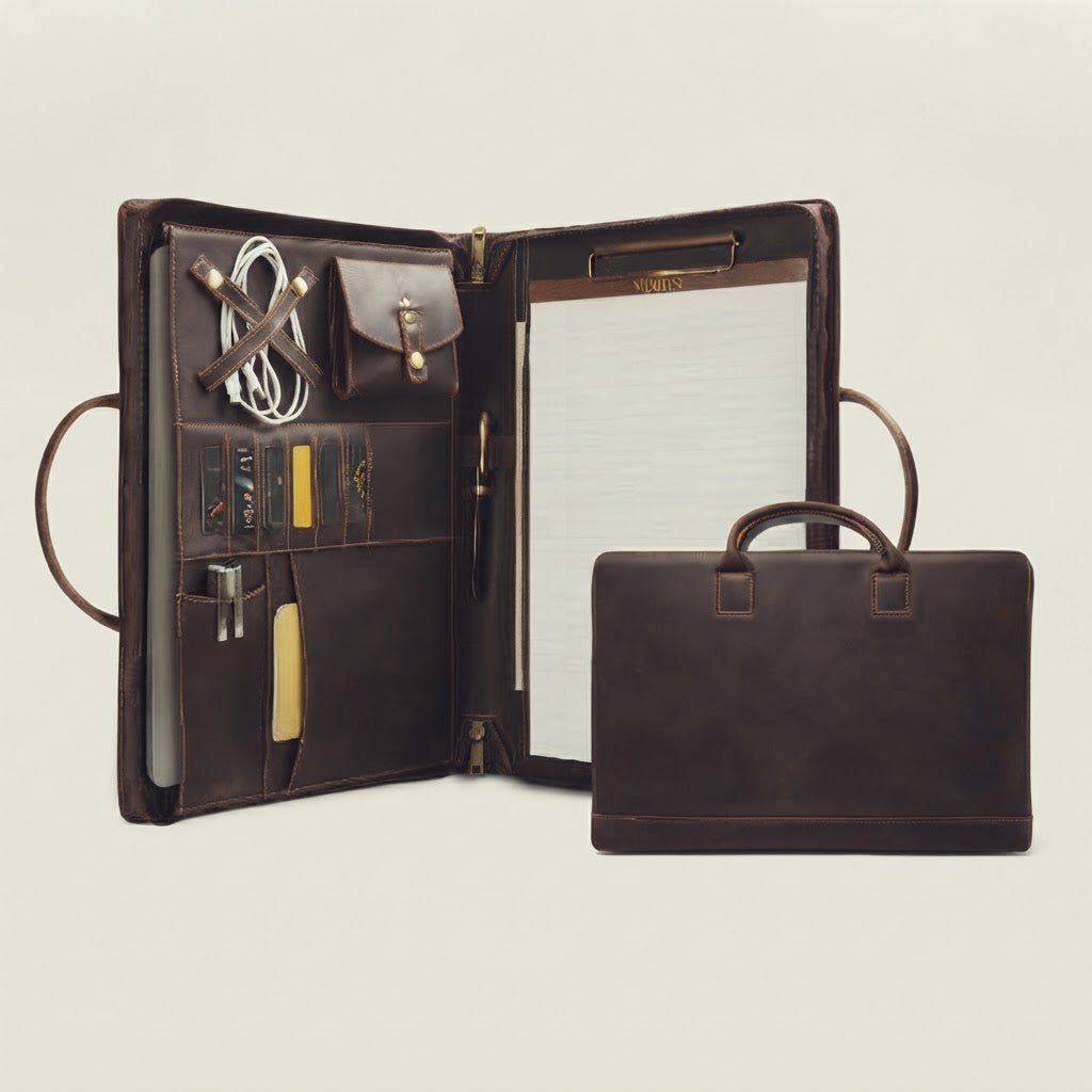Crazy horse leather padfolio opened flat showing organizer layout