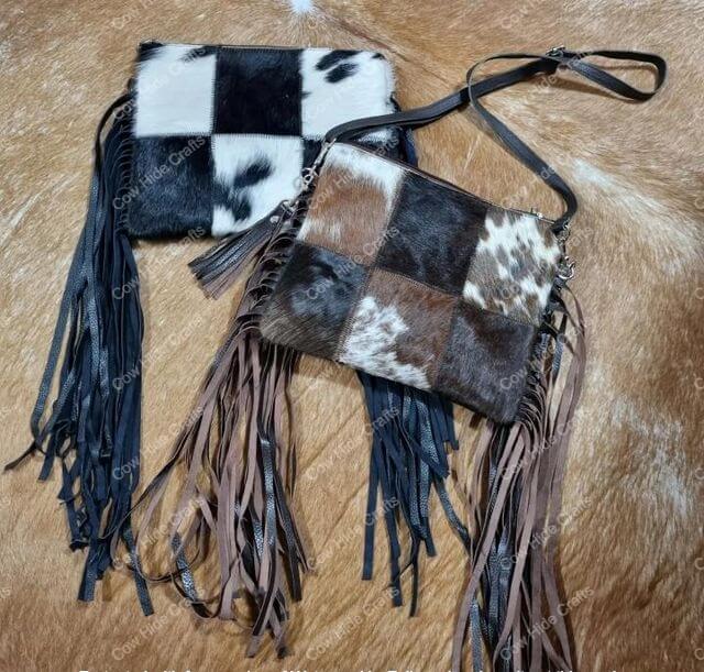 Patchwork cowhide crossbody clutch fringe set two
