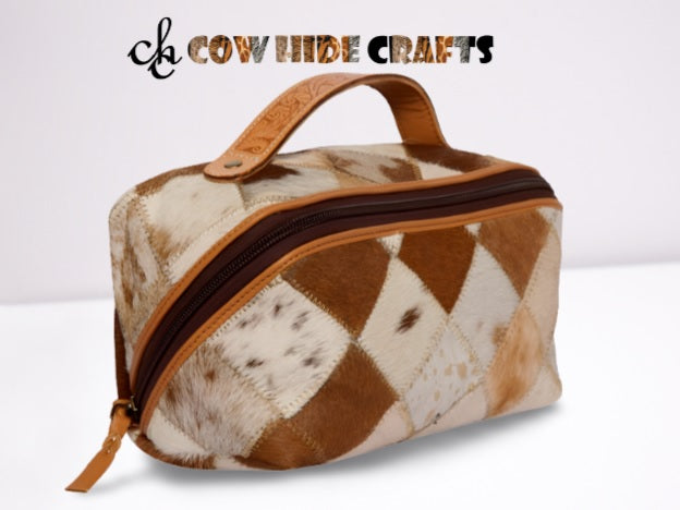 Patchwork cowhide makeup pouch diamond tan white