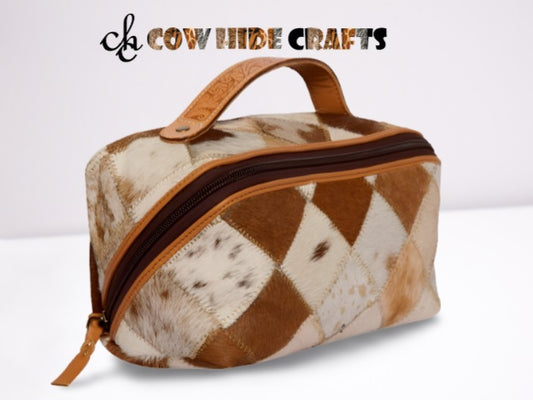 Patchwork cowhide makeup pouch diamond tan white