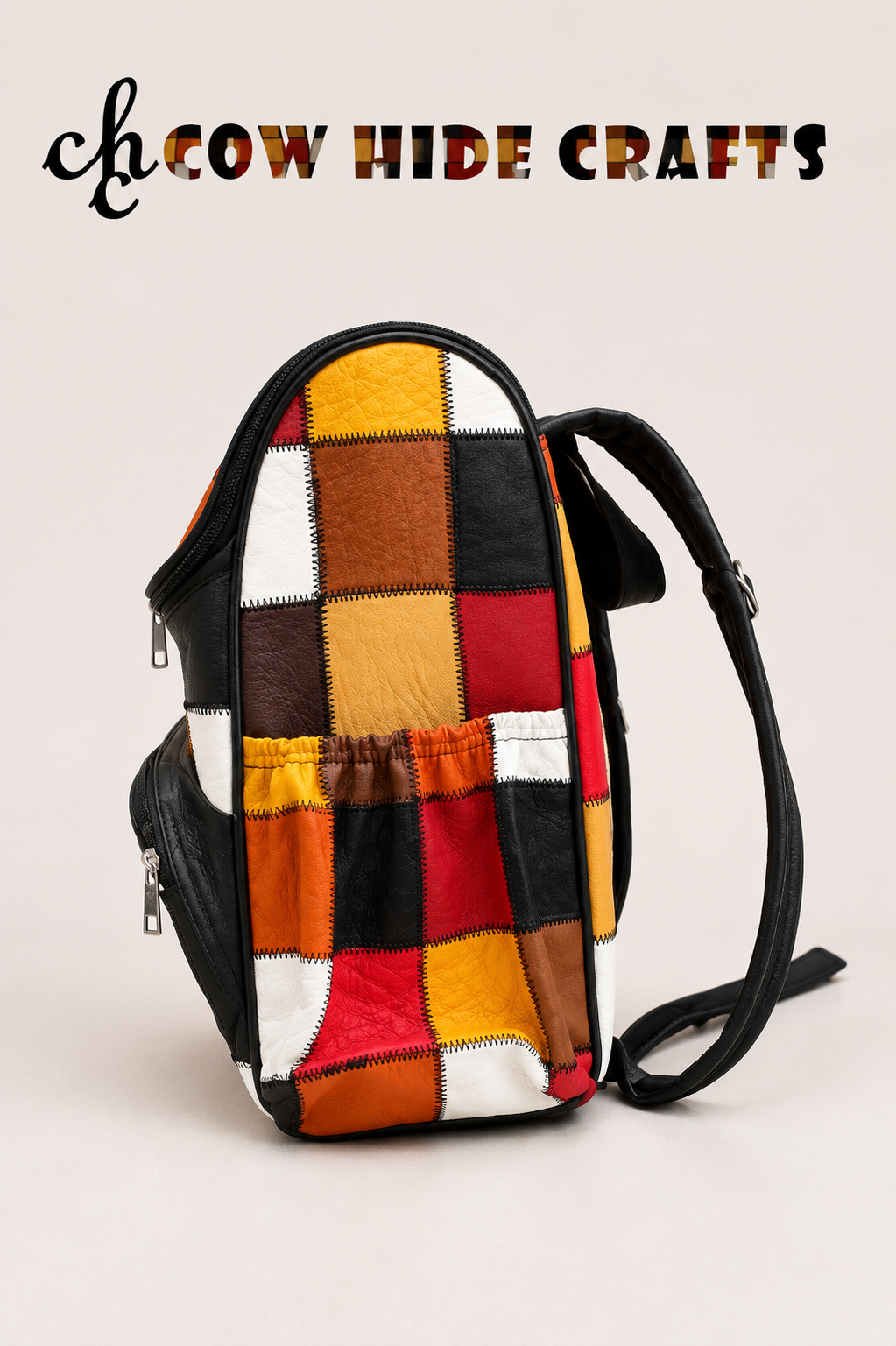 Patchwork leather rucksack side slip pockets detail
