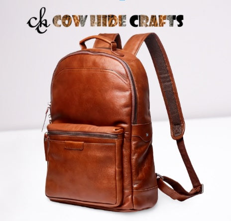 Pebbled cowhide backpack curved dual zip camel burgundy black