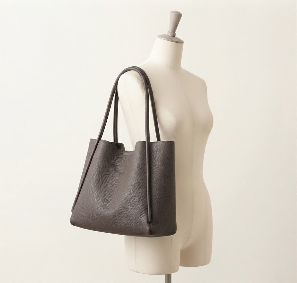 Pebbled leather bucket tote bag in dark brown