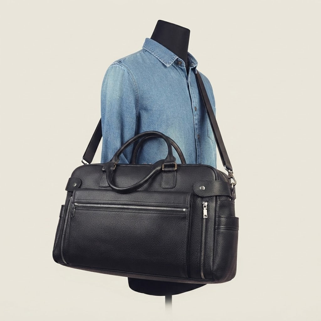 Pebbled leather executive briefcase duffle in black