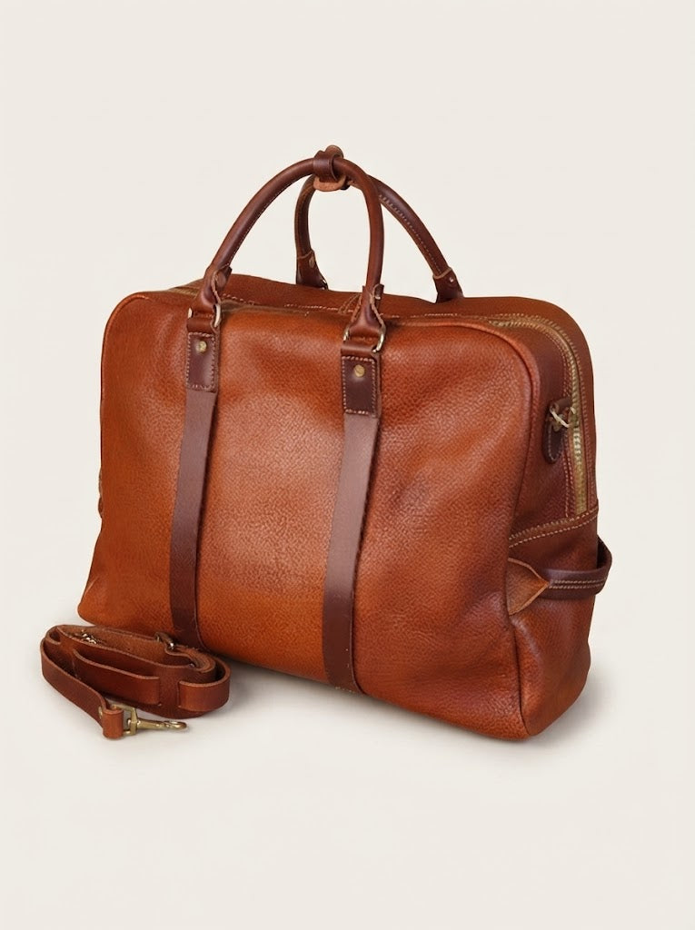 Pebbled leather weekender bag in tan cognac colorway front view