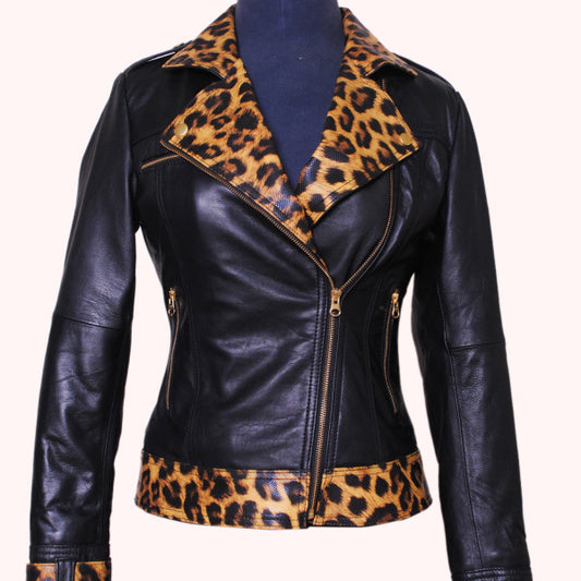 Perfecto style cheetah print slim fit leather jacket women