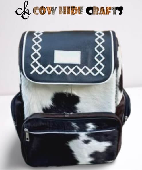 Personalized cowhide backpack black white name tag