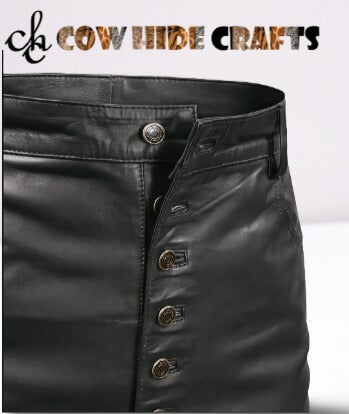 A-line pleated leather skater skirt with button up detail