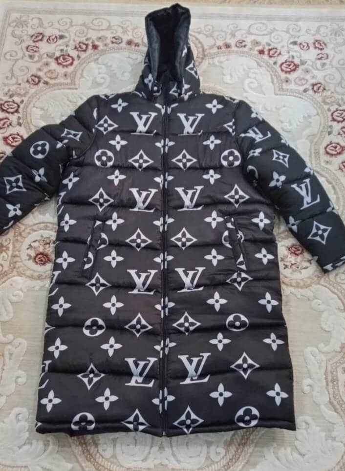 Polyester puffer jacket with designer printing and hood