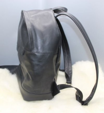 Premium black leather backpack side view
