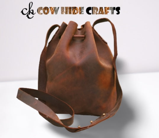 Premium brown distressed leather bucket bag full view