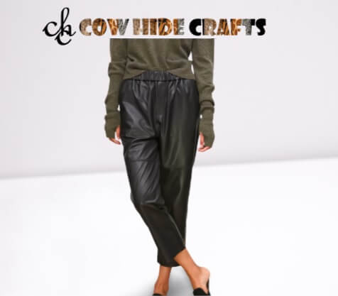Premium elastic waist sheepskin leather trousers full view