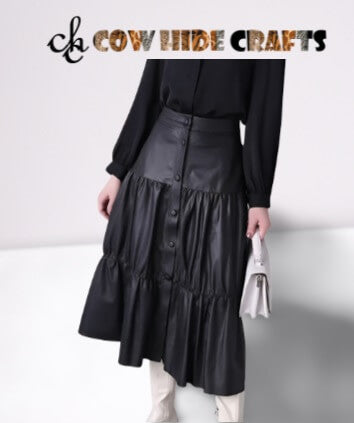 Premium women's black leather midi skirt full length view