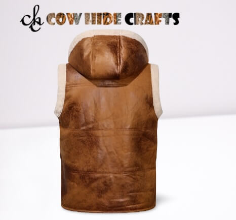 Premium tan sheepskin RAF hooded leather vest full view
