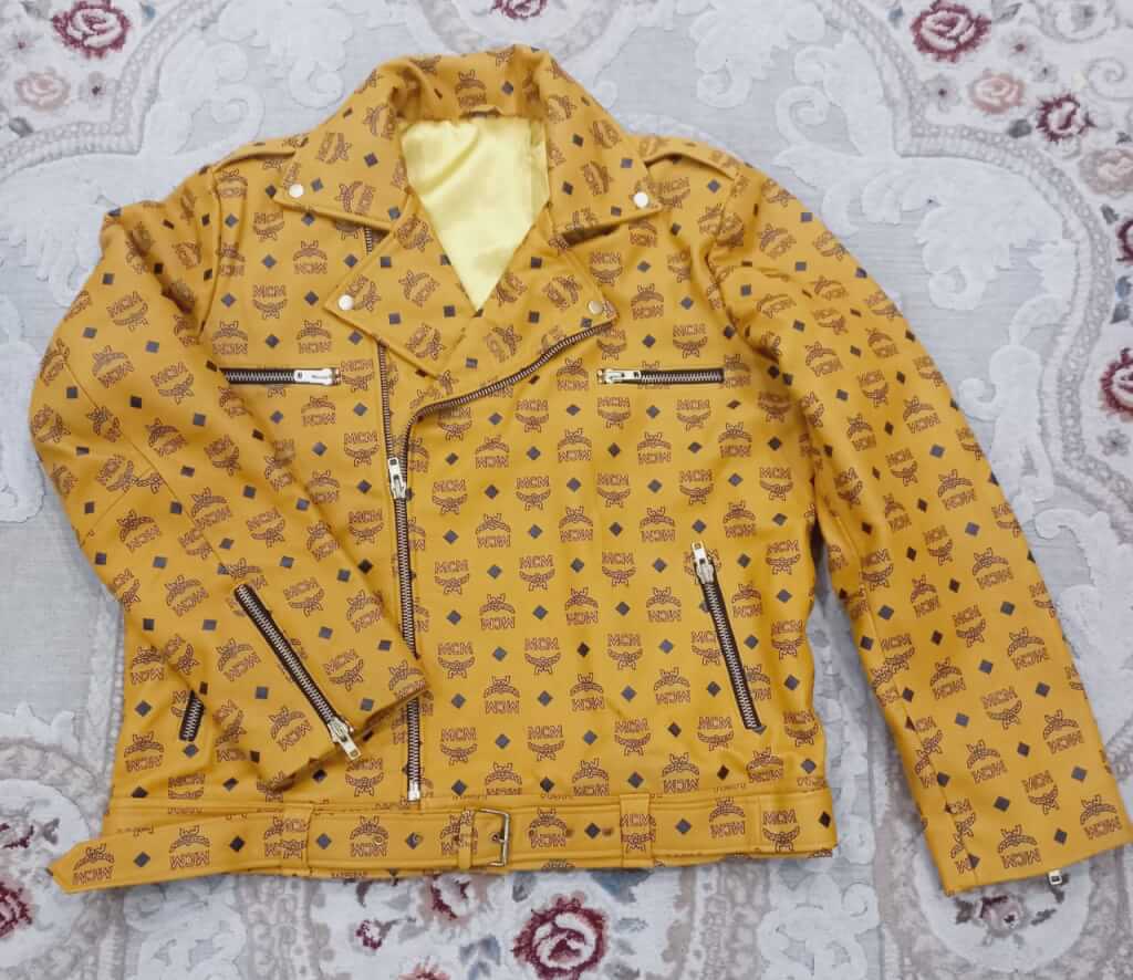 Printed designer leather jacket with brand monogram print