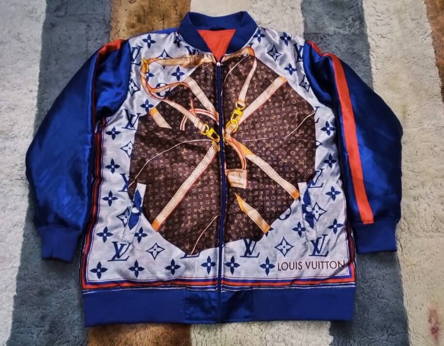 Printed silk bomber jacket in pullover style with brand print
