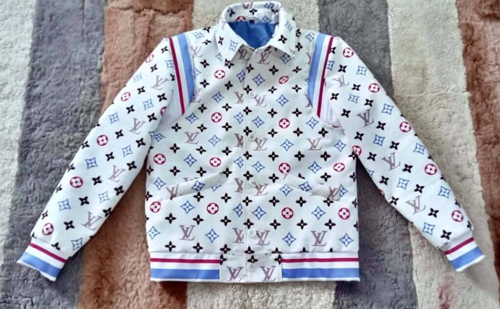 Printed velvet bomber jacket with digital brand print