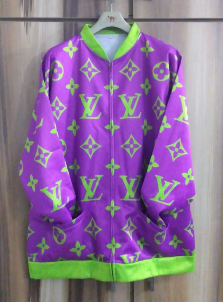Printed velvet jacket with designer plush brand print