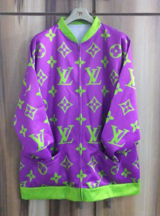 Printed velvet jacket with designer plush brand print