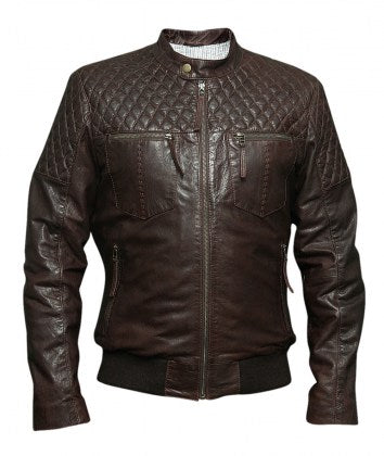 Quilted chest and rib knit waist detail on brown lambskin jacket