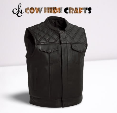 quilted leather vest front view with zipper closure 