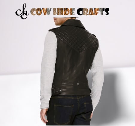 leather biker vest with quilted shoulder details