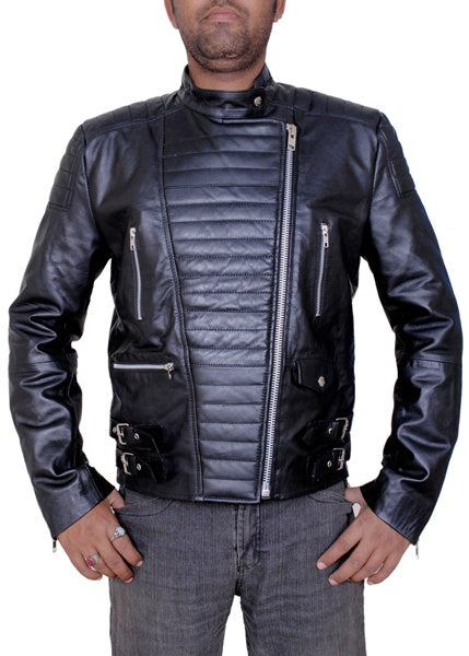 Quilted shoulder and centre panel on British biker leather jacket