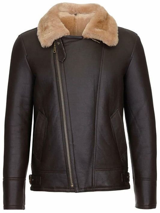 RAF sheepskin bomber jacket in brown leather with faux fur lining – front view