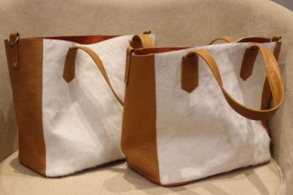genuine white hair-on cowhide shopper bag with light brown leather side panels