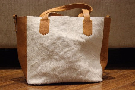 White cowhide and light brown leather shopper bag