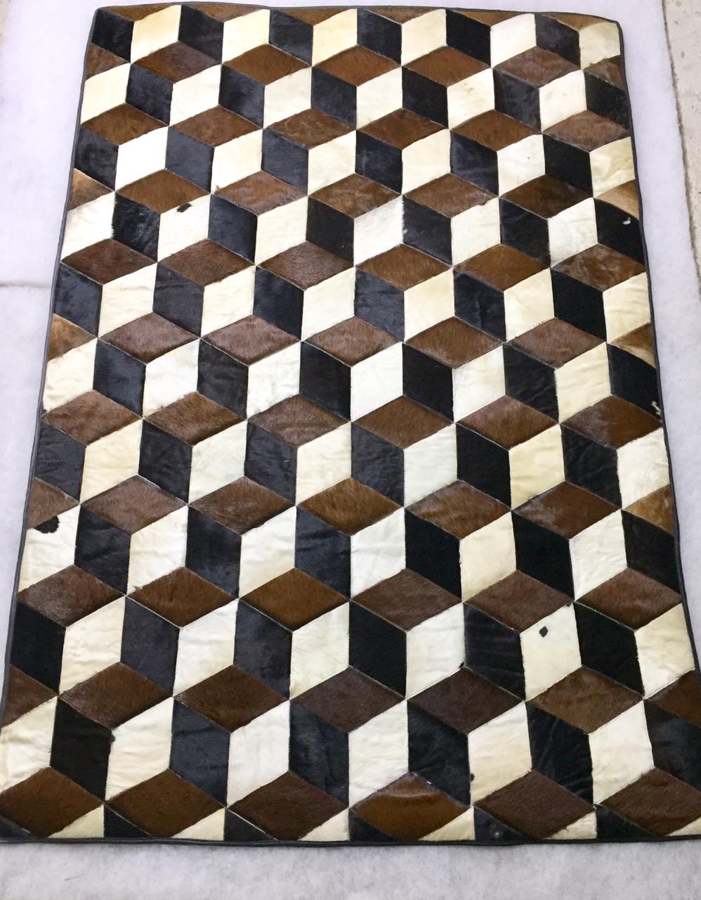 Rectangle cowhide rug 3D cube brown white 24sqft