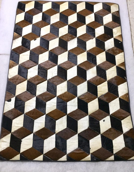 Rectangle cowhide rug 3D cube brown white 24sqft