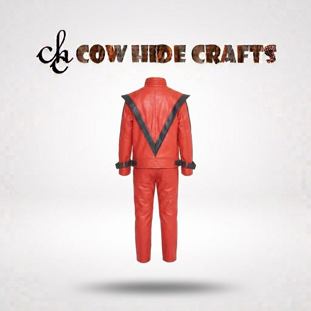 Red and black costume jacket back view showing stripe design