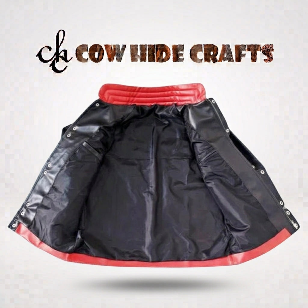 Red and black costume jacket open front showing snap-stud closure