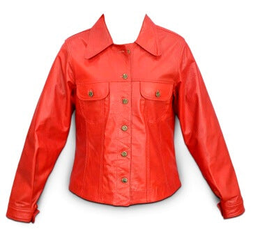 Women's red button-up leather jacket shirt collar