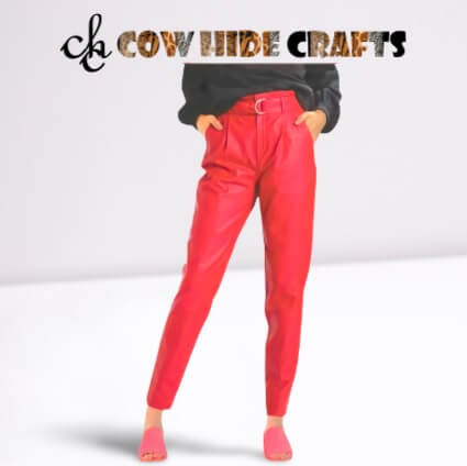 Women's red high waist sheepskin leather pants front view