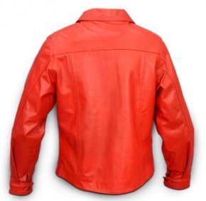 Women's red leather jacket styled for casual evening outing