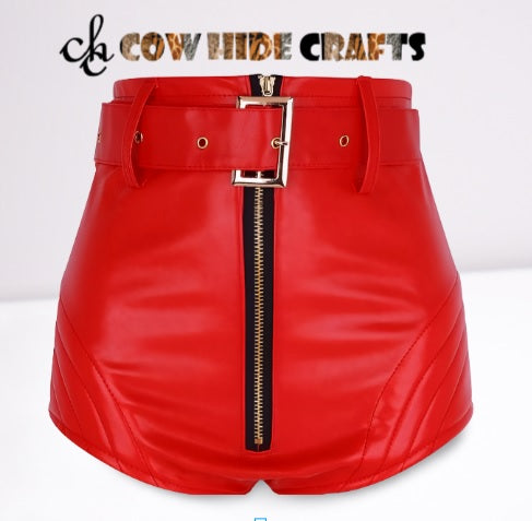 Red leather mini skirt zipper closure matching belt