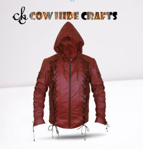 Unisex red maroon hooded sheepskin leather jacket front view