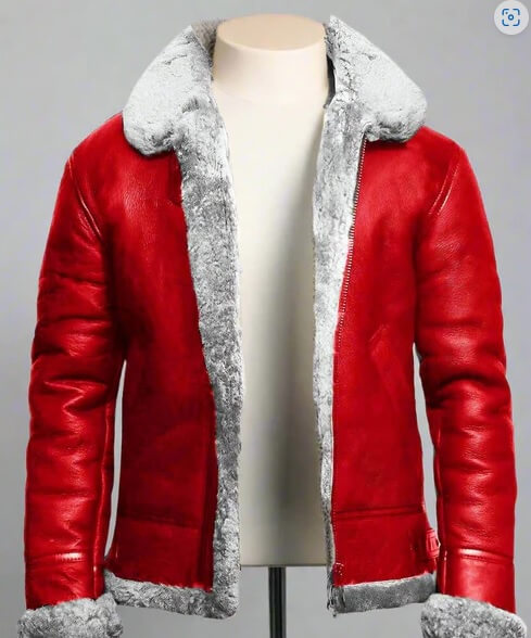 Women's red sheepskin bomber jacket with fur outline front view