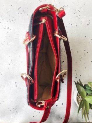 Red white cowhide bag fully lined interior zipper