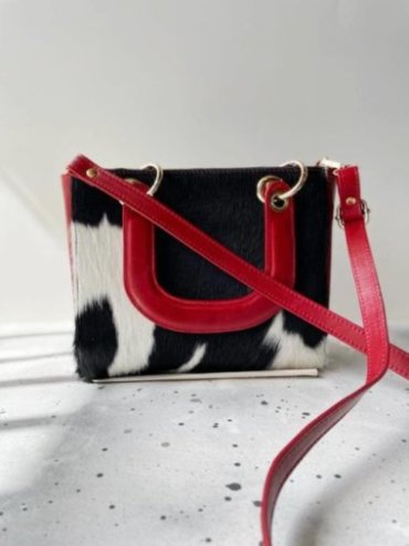 Red white messenger bag cowhide red leather
