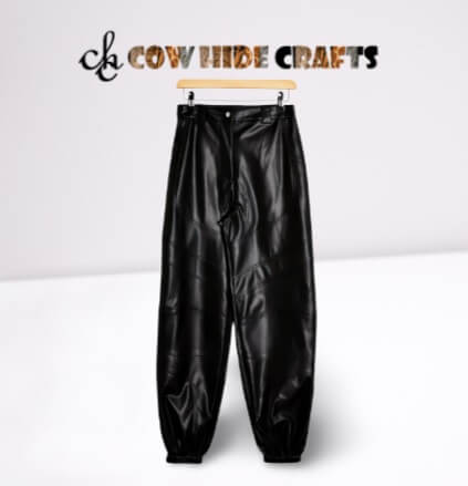 Women's relaxed fit black sheepskin leather pants front view