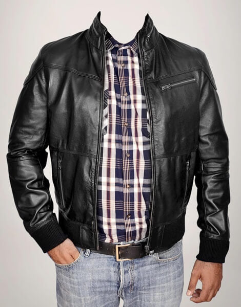 Rib knit cuffs and waistband on black leather bomber jacket